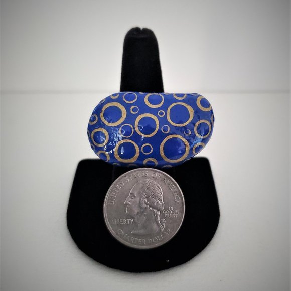 Hand Painted Dot Art Cobalt and Gold Statement Ring - Picture 4 of 5